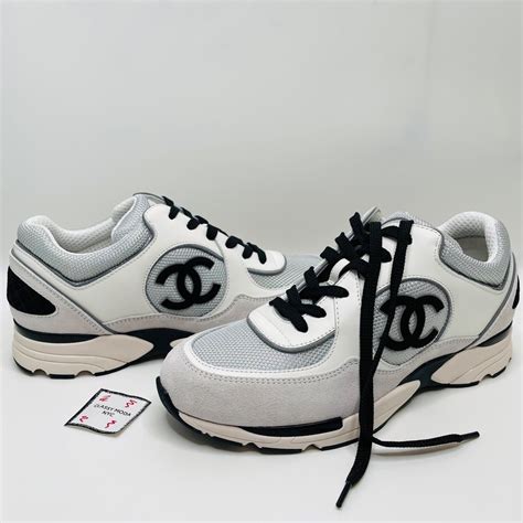 CHANEL Mesh Suede Calfskin Womens CC Sneakers White .